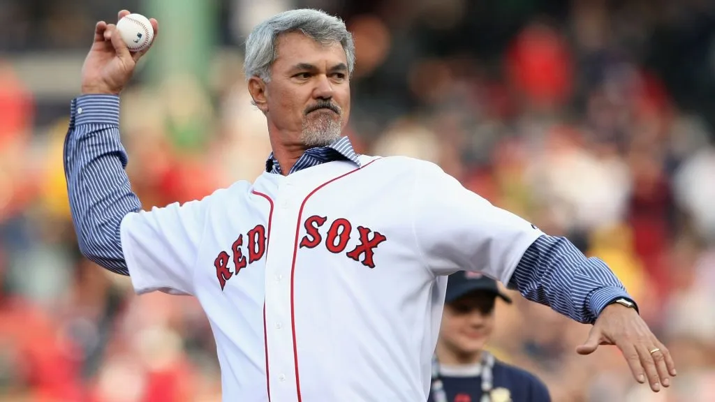 Former Boston Red Sox great, Dwight Evans throws out the first pitch before game three of the American League Championship Series against the Tampa Bay Rays during the 2008 MLB playoffs. (Source: Elsa/Getty Images)