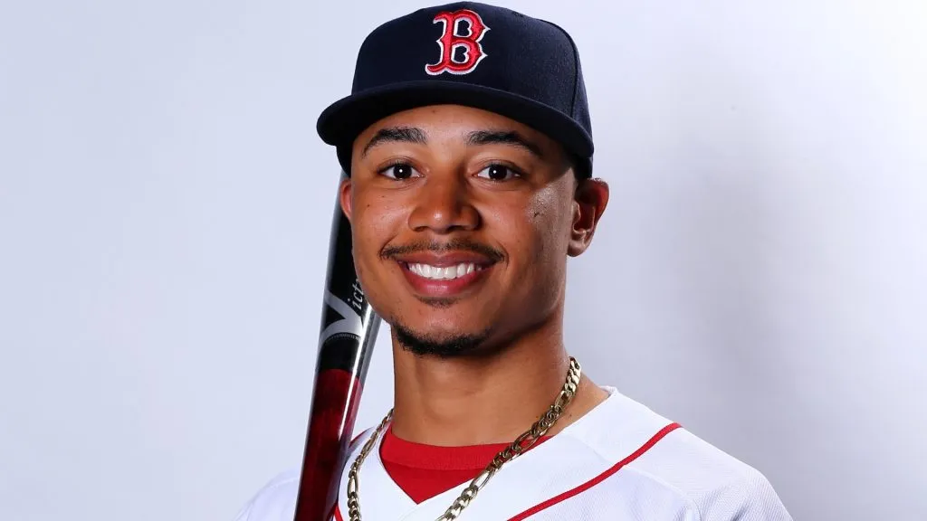 Mookie Betts #50 of the Boston Red Sox poses for a portrait on March 1, 2015. (Source: Elsa/Getty Images)