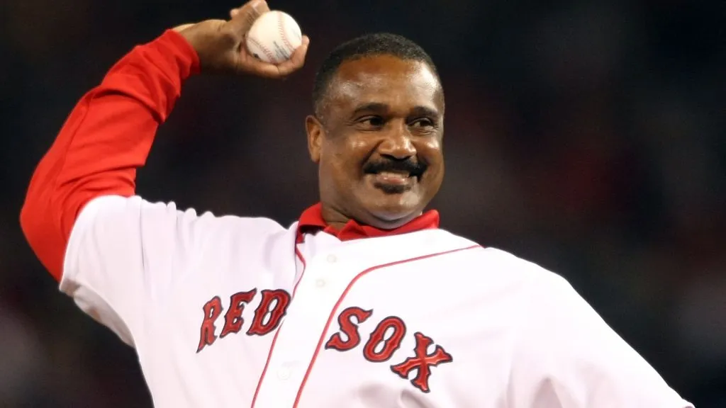 Jim Rice throws out the ceremonial first pitch before the Game Three of the American League Division Series against the Los Angeles Angels of Anaheim on October 5, 2008. (Source: Elsa/Getty Images)