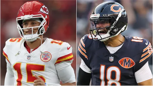 Quarterbacks Patrick Mahomes #15 of the Kansas City Chiefs and Caleb Williams #18 of the Chicago Bears.