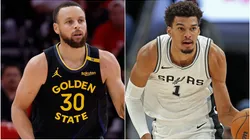 Stephen Curry #30 of the Golden State Warriors and Victor Wembanyama #1 of the San Antonio Spurs.