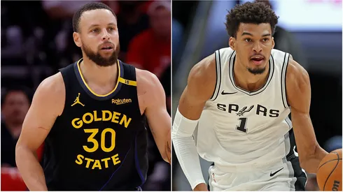 Stephen Curry #30 of the Golden State Warriors and Victor Wembanyama #1 of the San Antonio Spurs.