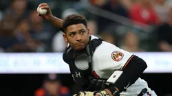 Samuel Basallo #29 of the Baltimore Orioles makes a play.