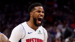 Malik Beasley #5 of the Detroit Pistons reacts in Game Four of the Eastern Conference First Round NBA Playoffs against the New York Knicks