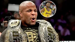 Daniel Cormier of the United States celebrates his victory and Bronny James #9 of the Los Angeles Lakers.