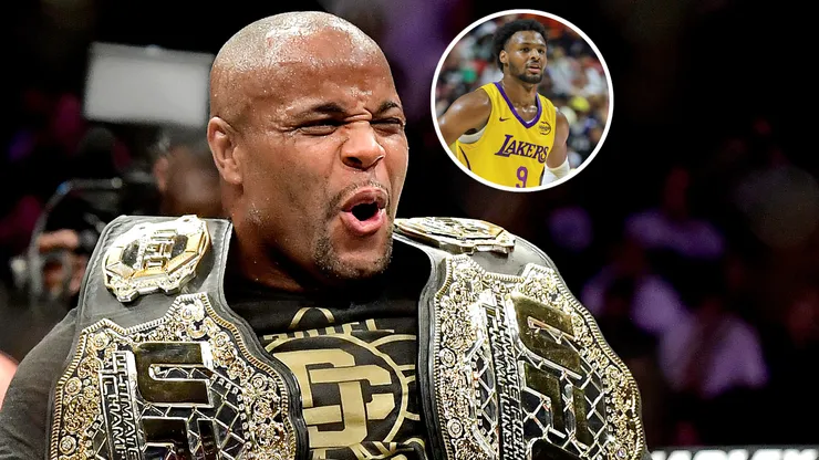 Daniel Cormier of the United States celebrates his victory and Bronny James #9 of the Los Angeles Lakers.