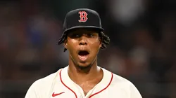 Brayan Bello reacts during the 6th inning against the Royals on August 04, 2025 in Boston.