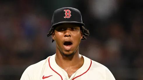 Brayan Bello reacts during the 6th inning against the Royals on August 04, 2025 in Boston.