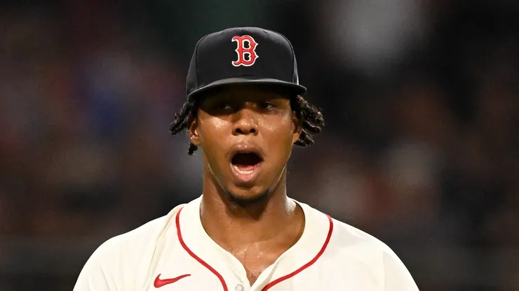 Brayan Bello reacts during the 6th inning against the Royals on August 04, 2025 in Boston.