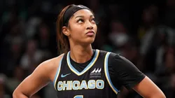 Angel Reese #5 of the Chicago Sky looks on against the New York Liberty.