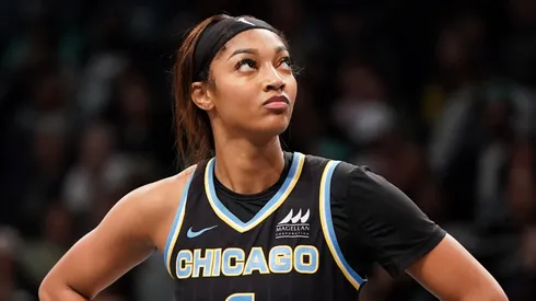 Angel Reese #5 of the Chicago Sky looks on against the New York Liberty.