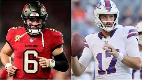 Baker Mayfield #6 of the Tampa Bay Buccaneers and Josh Allen #17 of the Buffalo Bills.