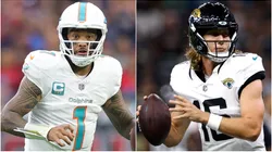 Tua Tagovailoa #1 of the Miami Dolphins and Trevor Lawrence #16 of the Jacksonville Jaguars.