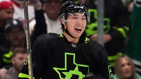 Jason Robertson #21 of the Dallas Stars celebrates after scoring.