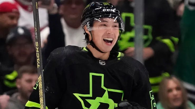 Jason Robertson #21 of the Dallas Stars celebrates after scoring.