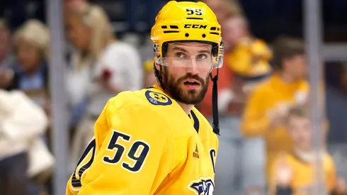Roman Josi #59 of the Nashville Predators skates prior to the game against the Ottawa Senators.