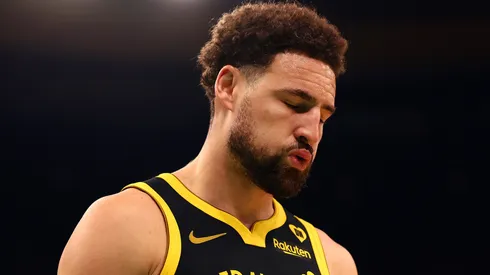 Klay Thompson #11 of the Golden State Warriors reacts during the first quarter of the game against the Boston Celtics.