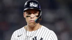 Aaron Judge stands on first base against the Twins on August 12, 2025 in the Bronx.