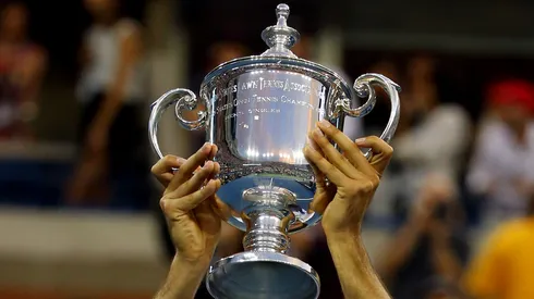 A detailed view of the US Open trophy.
