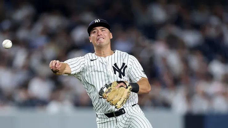 Anthony Volpe fields a hit against the Twins on August 12, 2025 in the Bronx.