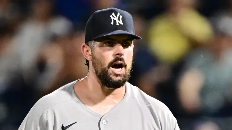 Carlos Rodón reacts against the Rays on August 19, 2025 in Tampa.