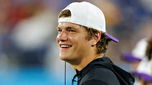 J.J. McCarthy #9 of the Minnesota Vikings on the sidelines.