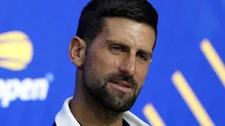 Novak Djokovic of Serbia fields questions during Media Day.