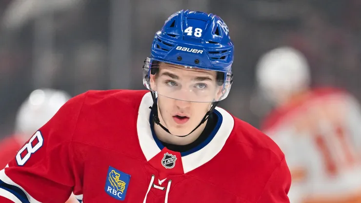 Lane Hutson #48 of the Montreal Canadiens against the Calgary Flames at the Bell Centre.