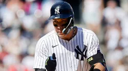 Aaron Judge #99 of the New York Yankees reacts at second base.