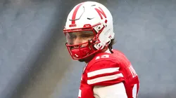Dylan Raiola #15 of the Nebraska Cornhuskers warms up.
