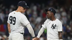 Jazz Chisholm Jr. #13 and Aaron Judge #99 of the New York Yankees celebrate.