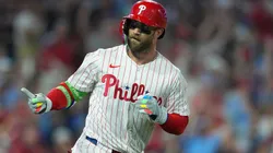 Bryce Harper #3 of the Philadelphia Phillies reacts after hitting a two-run home run.