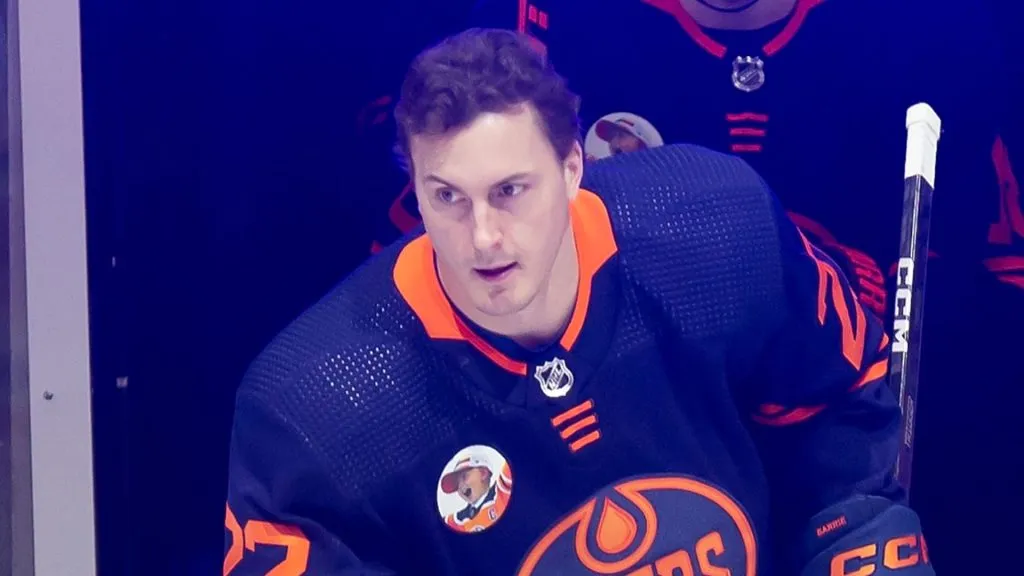 Tyson Barrie #22 of the Edmonton Oilers against the New York Rangers at Rogers Place on February 17, 2023.