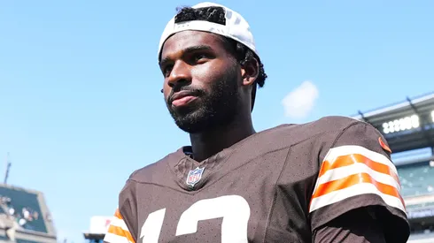 Shedeur Sanders #12 of the Cleveland Browns looks on after the NFL Preseason 2025 game against the Philadelphia Eagles.