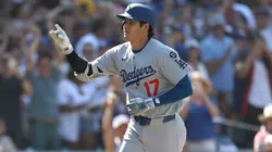 Shohei Ohtani #17 of the Los Angeles Dodgers rounds third base.