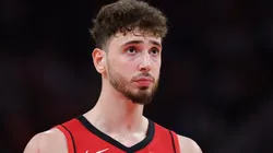 Alperen Sengun #28 of the Houston Rockets looks on at the free throw line against the Sacramento Kings.