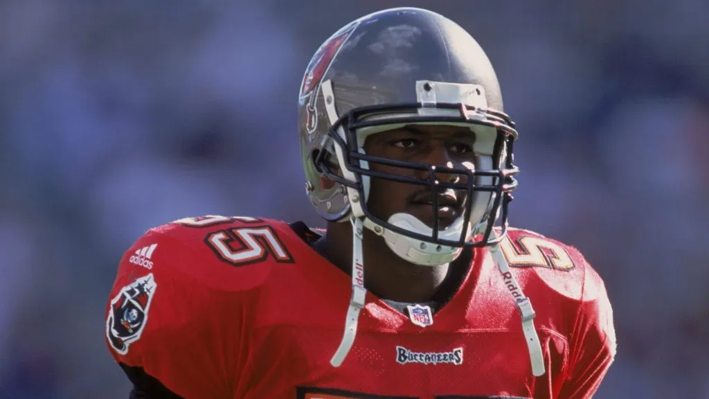 Derrick Brooks #55 of the Tampa Bay Buccaneers watches the action during the game in 2001. (Source: Andy Lyons /Allsport)