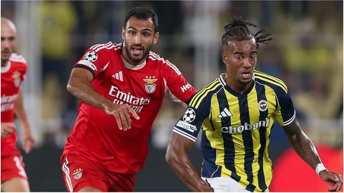 Archie Brown of Fenerbahce is challenged by Vangelis Pavlidis of Benfica