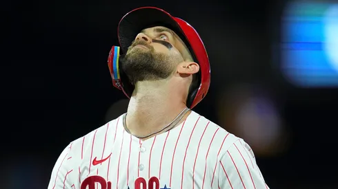 Bryce Harper reacts after flying out vs the Red Sox on July 23, 2025 in Philadelphia.