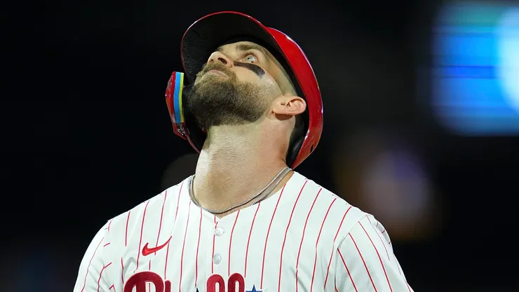 Bryce Harper reacts after flying out vs the Red Sox on July 23, 2025 in Philadelphia.