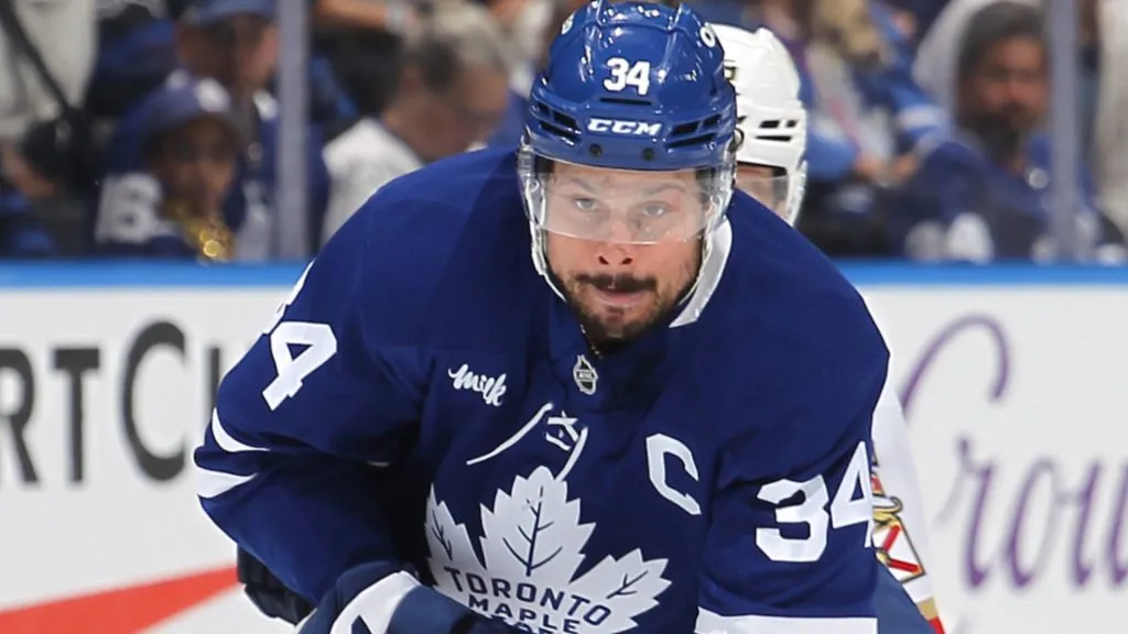 Auston Matthews #34 of the Toronto Maple Leafs skates with the puck.&nbsp;(Photo by Claus Andersen/Getty Images)