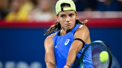 Emiliana Arango playing during their first round match on Day Two of the WTA 1000 National Bank Open in 2025.