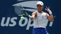 Janice Tjen plays a forehand in the 2025 US Open