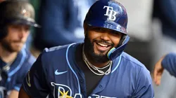 Junior Caminero #13 of the Tampa Bay Rays celebrates after hitting a two-run homer.