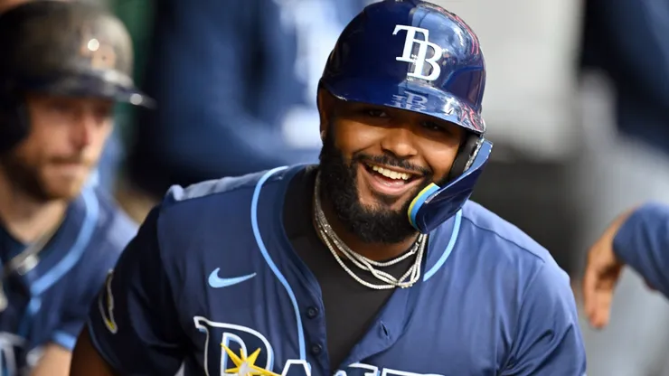 Junior Caminero #13 of the Tampa Bay Rays celebrates after hitting a two-run homer.