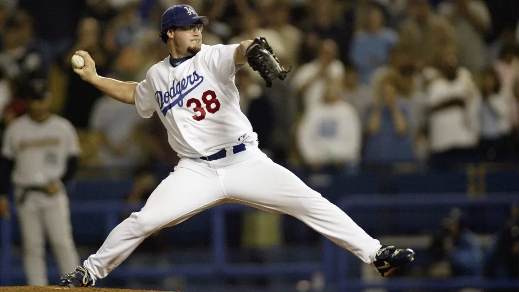 Eric Gagne #38 of the Los Angeles Dodgers delivers the ball during the game against the Houston Astros in 2003. (Source: Robert Laberge/Getty Images)