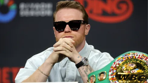 Undisputed super middleweight champion Canelo Alvarez attends a news conference.