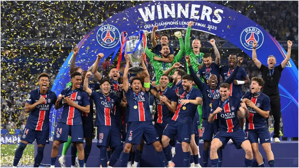 Paris Saint-Germain lifts the UEFA Champions League trophy – Justin Setterfield/Getty Images