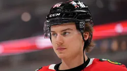 Connor Bedard #98 of the Chicago Blackhawks at the United Center.