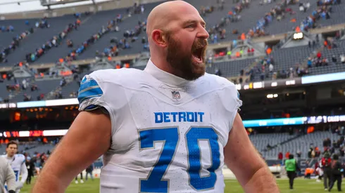 Dan Skipper #70 of the Detroit Lions celebrates after his team defeated the Chicago Bears.